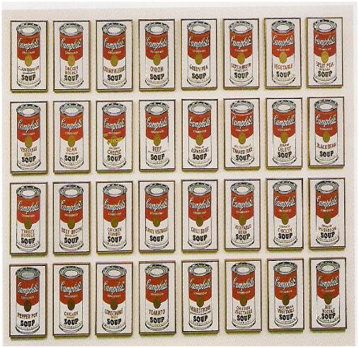 ‘캠벨 수프 깡통’-1962년, 서른 두 개의 캔버스에 합성물감, 각 50*40, 뉴욕 현대 미술관 소장