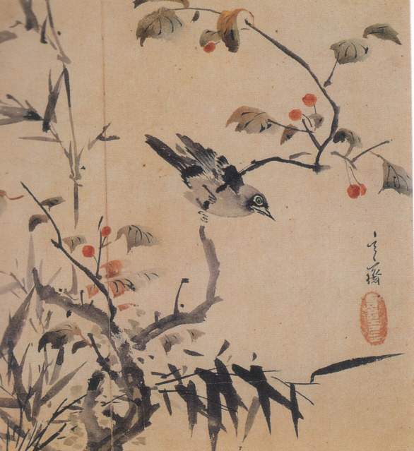 심사정, ‘열매 노리는 새’, 18세기, 종이에 수묵담채, 24.1×26.9㎝, 간송미술문화재단 소장. 또록또록한 눈초리로 한쪽을 노려보는 새가 마치 생동하는 듯하다.