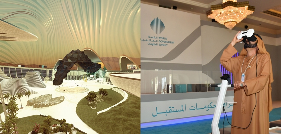 지난 2017년 2월 두바이에서 열린 세계정부회의(World Government Summit)에서 아랍에미리트 우주계획 구상도를 VR 기기로 체험하는 모습이다. 사진=세계정부회의