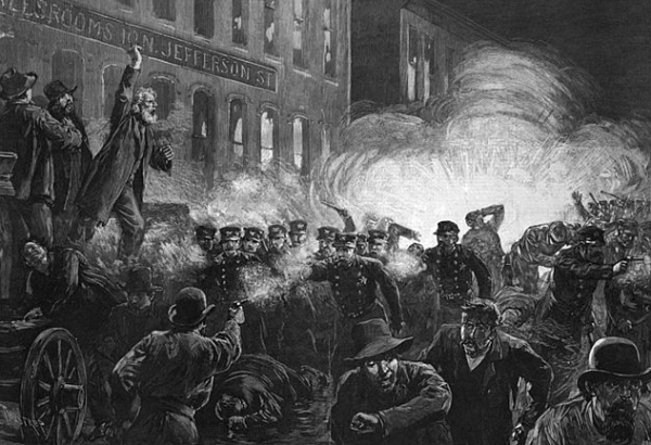 헤이마켓 사건은 1886년 5월 미국 일리노이주 시카고 시의 헤이마켓 시의 헤이마켓 광장에서 진행되던 노동시위 와중에 벌어진 폭탄투척 사건과 그 결가 일어난 폭력사태다. 사진=위키미디어